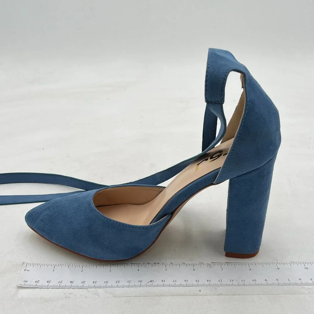 FSJ Steel Blue Faux Suede Chunky Heel D'Orsay Pointed Toe Ankle Strap Pump - Picture 2 of 8